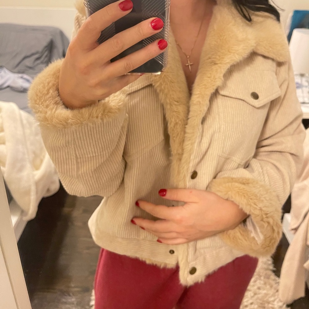 Corduroy pale pink fur jacket